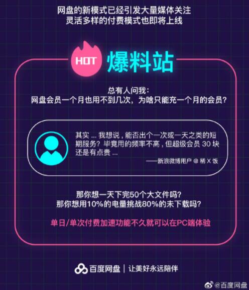 百度網(wǎng)盤：PC版將推出單日/單次付費加速功能