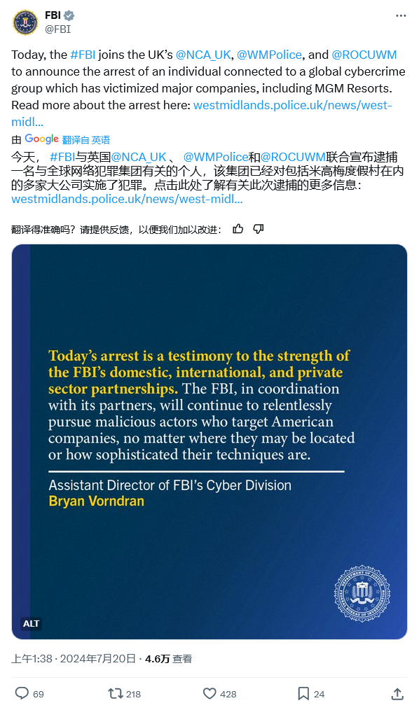 17 歲英國(guó)少年因涉嫌攻擊美高梅集團(tuán)被捕