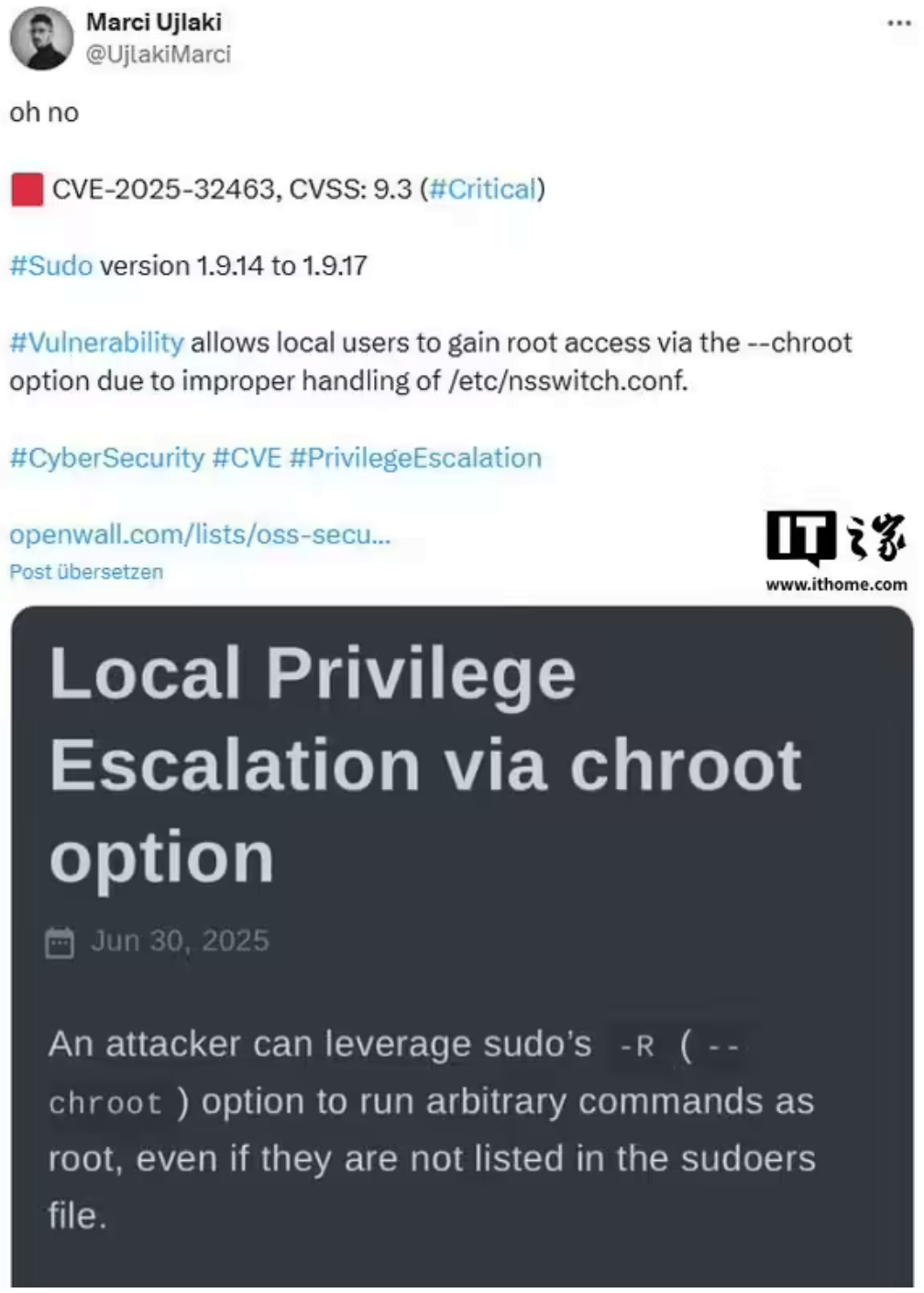 Linux sudo 高危漏洞(CVE-2025-32463)修復:可提權至 root 權限插圖 Linux sudo 高危漏洞(CVE-2025-32463)修復:可提權至 root 權限插圖